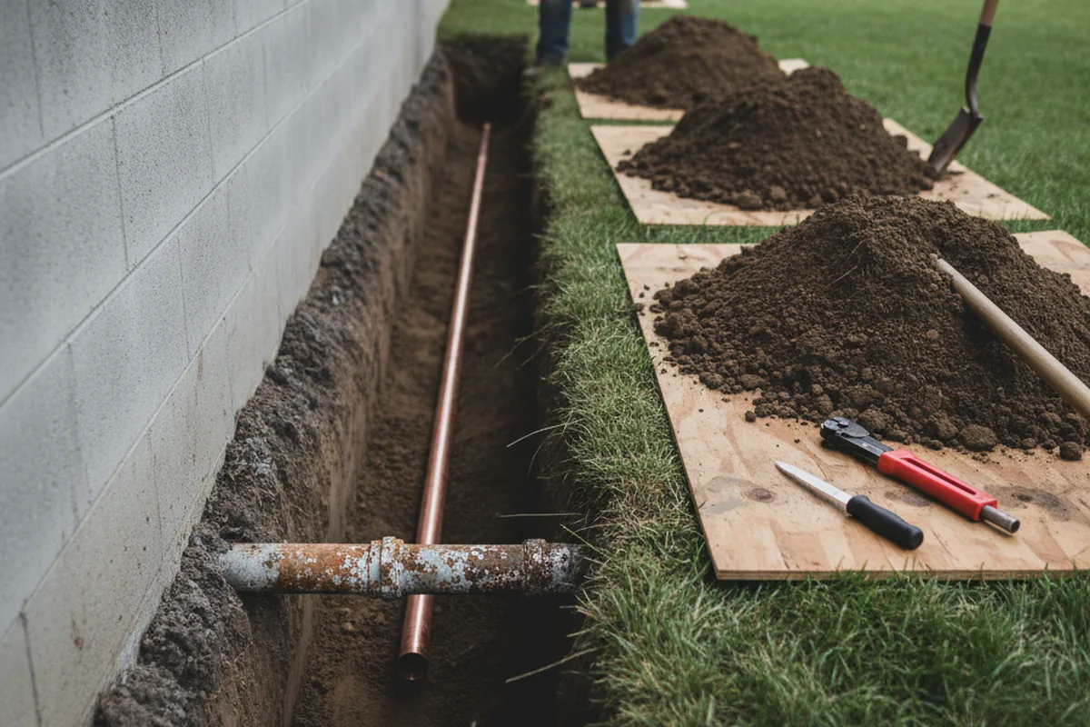 Excavated water line trench during Water Softener Installation in Rye
